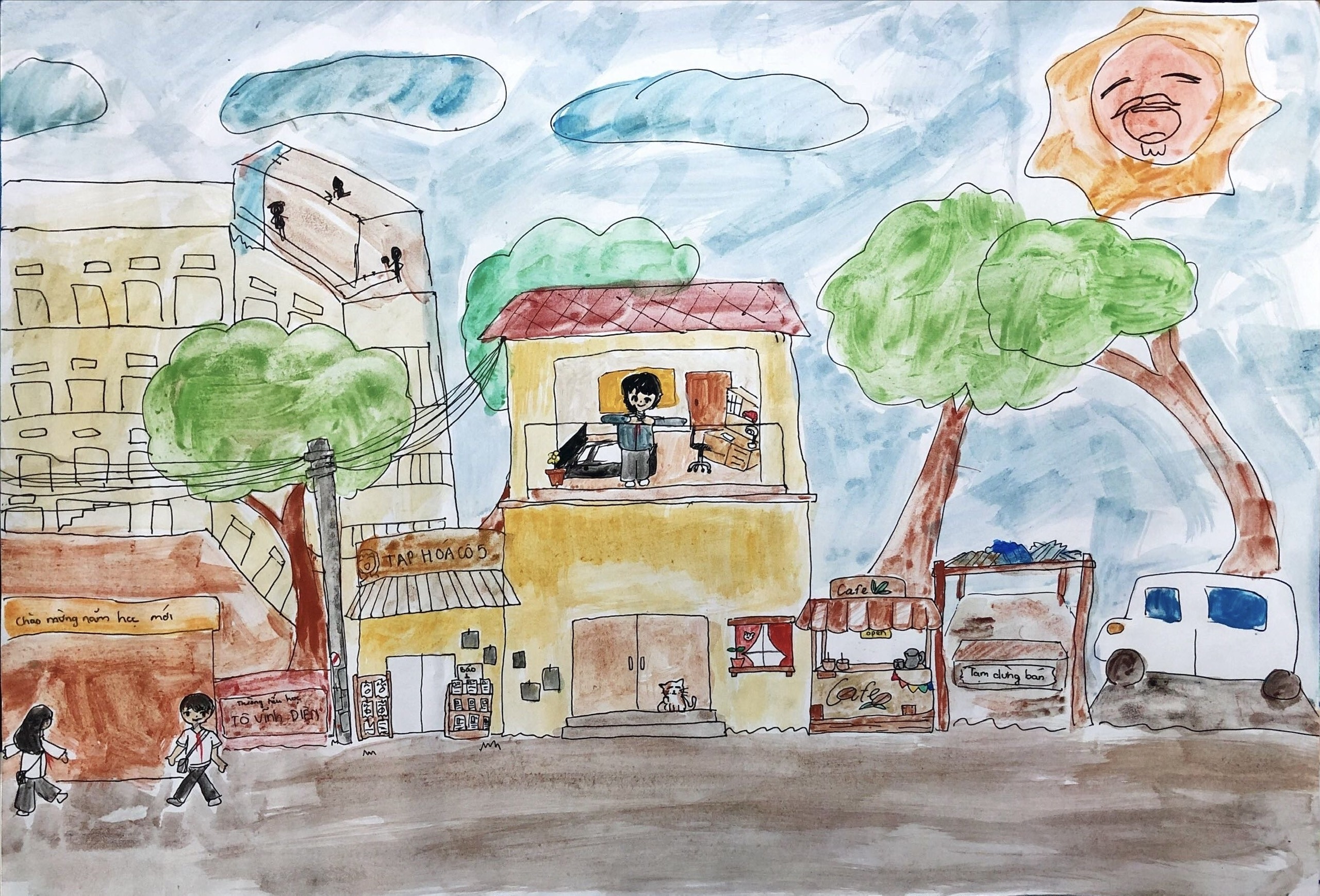 Bức tranh màu nước với những nét vẽ ấn tượng, phác họa khung cảnh ngôi nhà và cuộc sống đời thường ấm no, hạnh phúc của thí sinh Nguyễn Đăng Minh Trí (lớp 3A, Tiểu học Tô Vĩnh Diện).