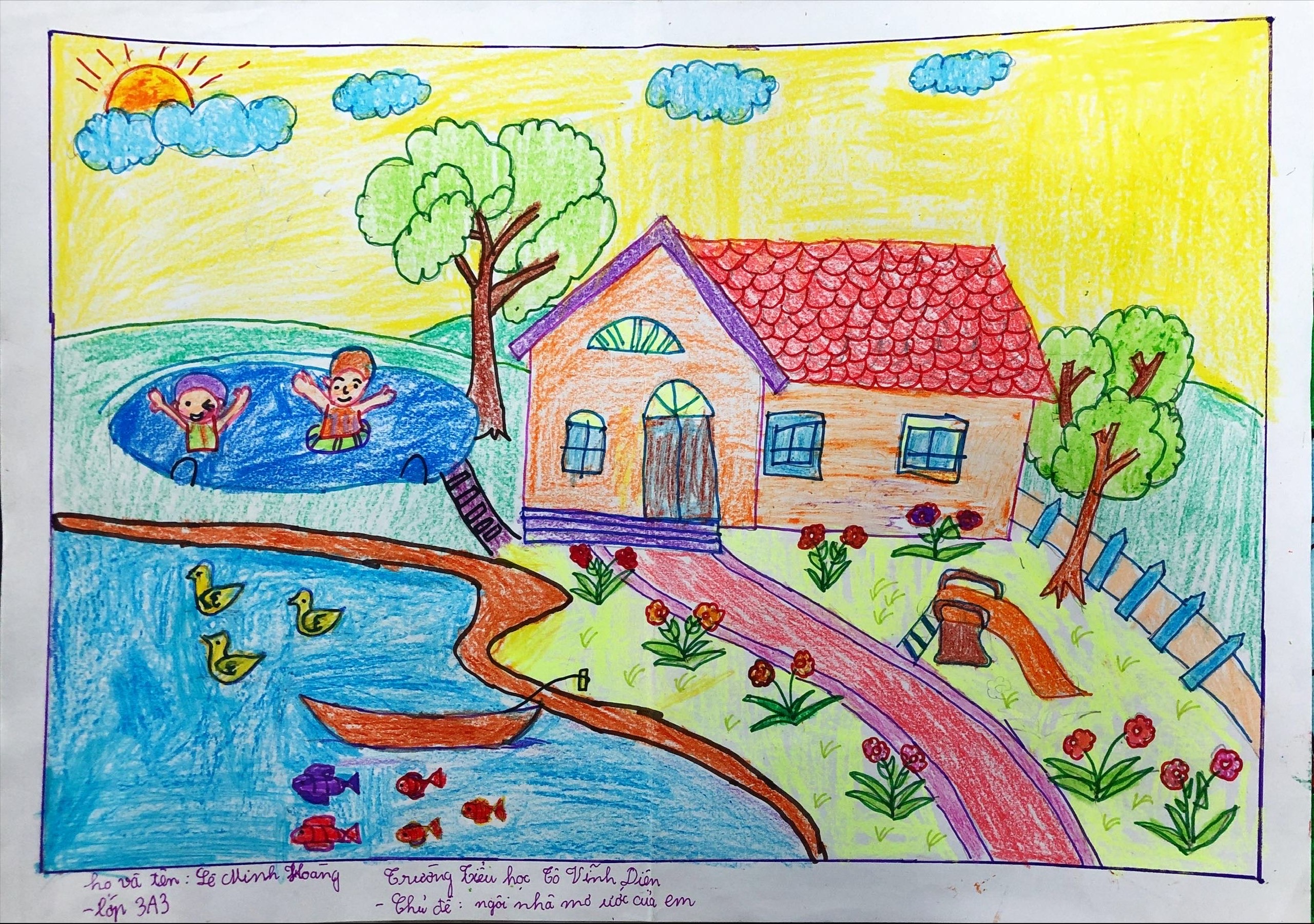 Thí sinh Lê Minh Hoàng (lớp 3A3, Tiểu học Tô Vĩnh Diện) mong ước sở hữu một ngôi nhà giản dị, có bể bơi, hồ nước, vườn cây xanh tốt.