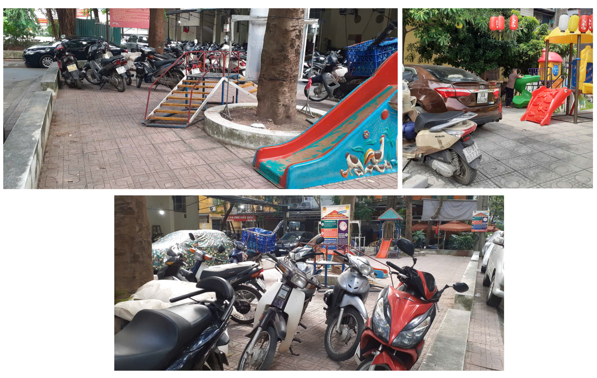 <em>Các phương tiện giao thông ngang nhiên đỗ trong sân vui chơi. Ảnh: Thùy Linh</em>