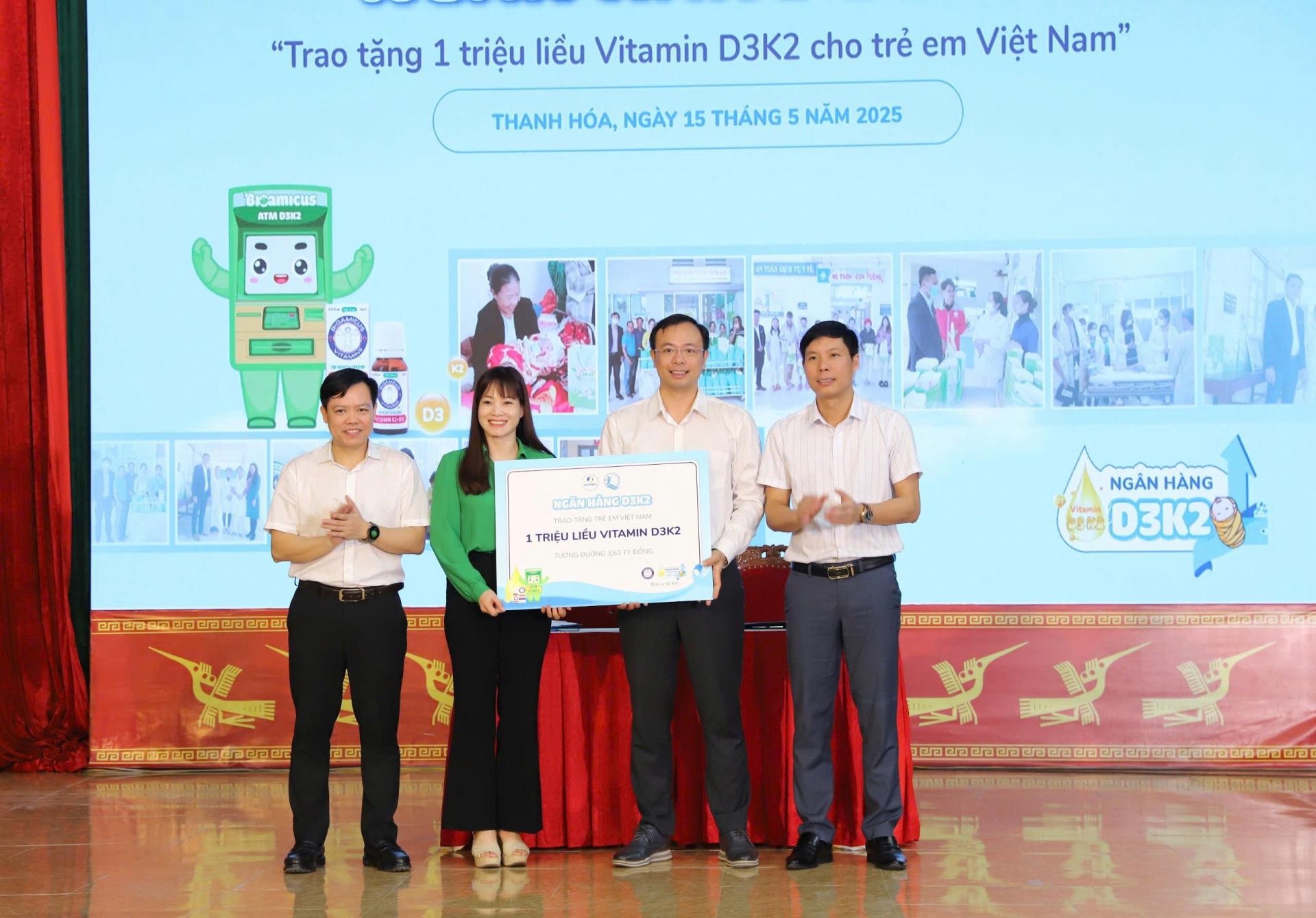 Quỹ BTTEVN phối hợp với nhãn hàng BioAmicus, Công ty TNHH Dược Hunmed trao tặng 1 triệu liều vitamin D3K2 cho trẻ em có hoàn cảnh khó khăn. A2