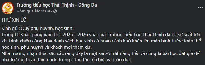 Thư xin lỗi của Trường Tiểu học Thái Thịnh đăng tải vào ngày 6/9. 01757238380.png