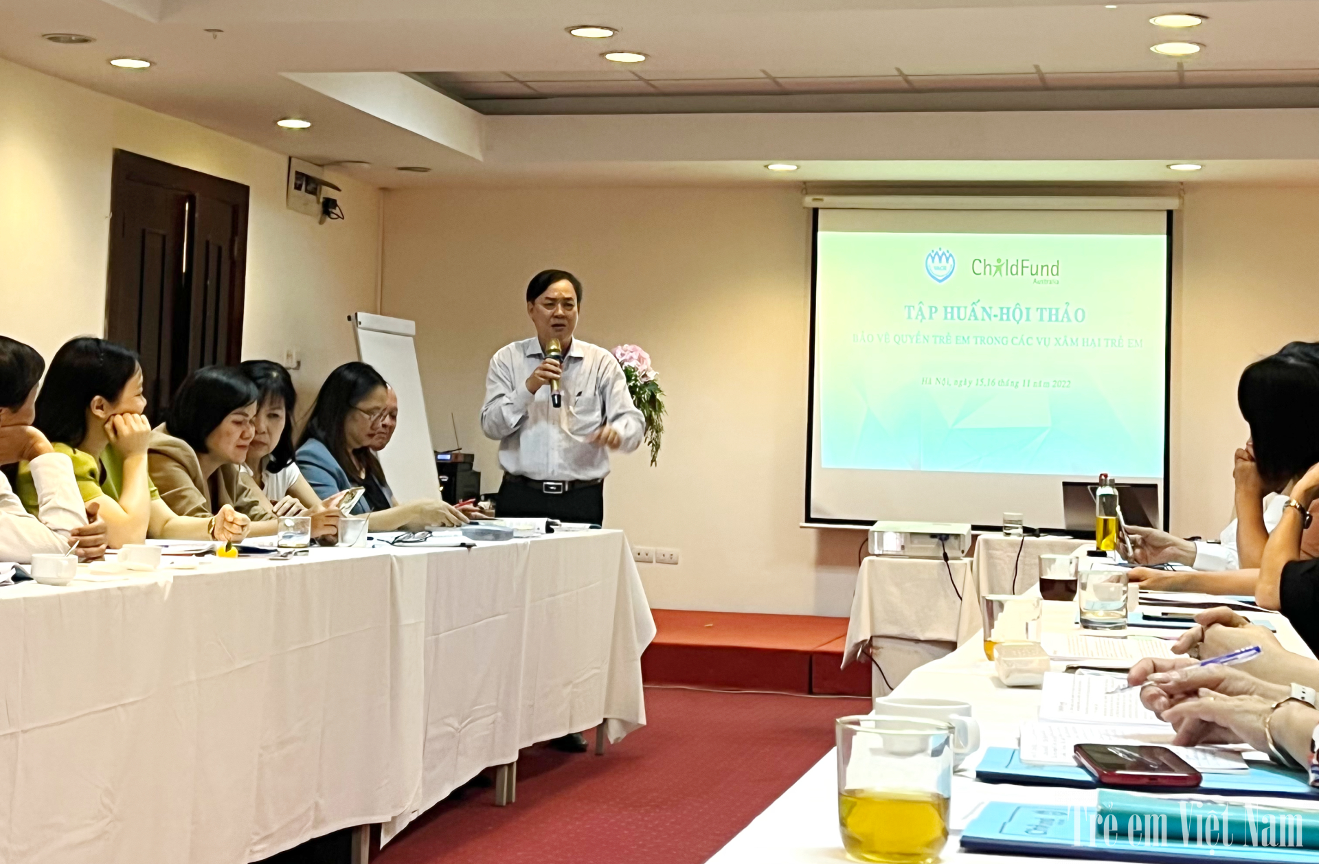 ông Hà Đình Bốn - Phó Chủ tịch Hội Bảo vệ quyền trẻ em Việt Nam tại hội thảo Tập huấn về bảo vệ quyền trẻ em trong các vụ xâm hại trẻ em ngày 15:11:2022