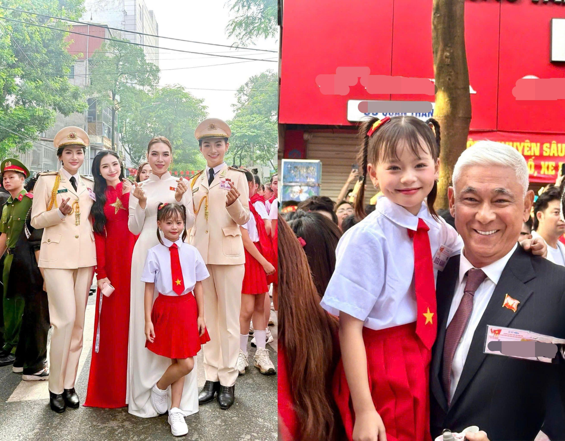 Bé Dâu cùng ca sĩ Mỹ Tâm, ca sĩ Hoà Minzy (ảnh trái), nghệ sĩ Tùng Yuki (đồng thời là vệ sĩ của ca sĩ Mỹ Tâm - ảnh phải). Ảnh: NVCC nghe si