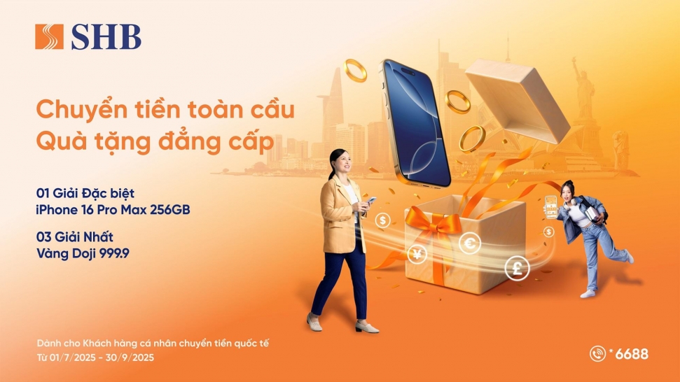 Cơ hội trúng iPhone 16 Pro max & vàng 999.9 khi chuyển tiền quốc tế tại SHB